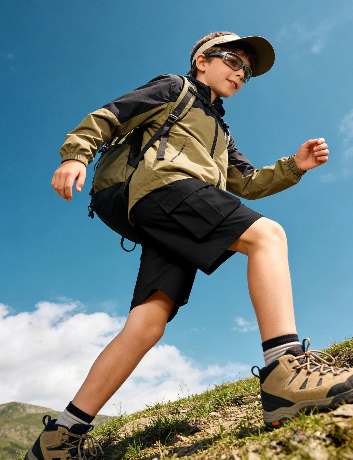 NUMYEAN Boys Cargo Shorts Quick Dry Water Resistant Hiking Short, Black, 9-10Y