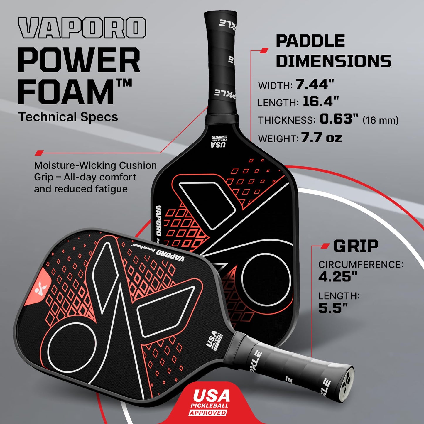 Vaporo Power Foam™ – Pro Pickleball Paddles with EVA Stability Layer, T700 Carbon Fiber CFS Face, Thermoformed Unibody Frame & Advanced Foam Core Innovation for Elite Play