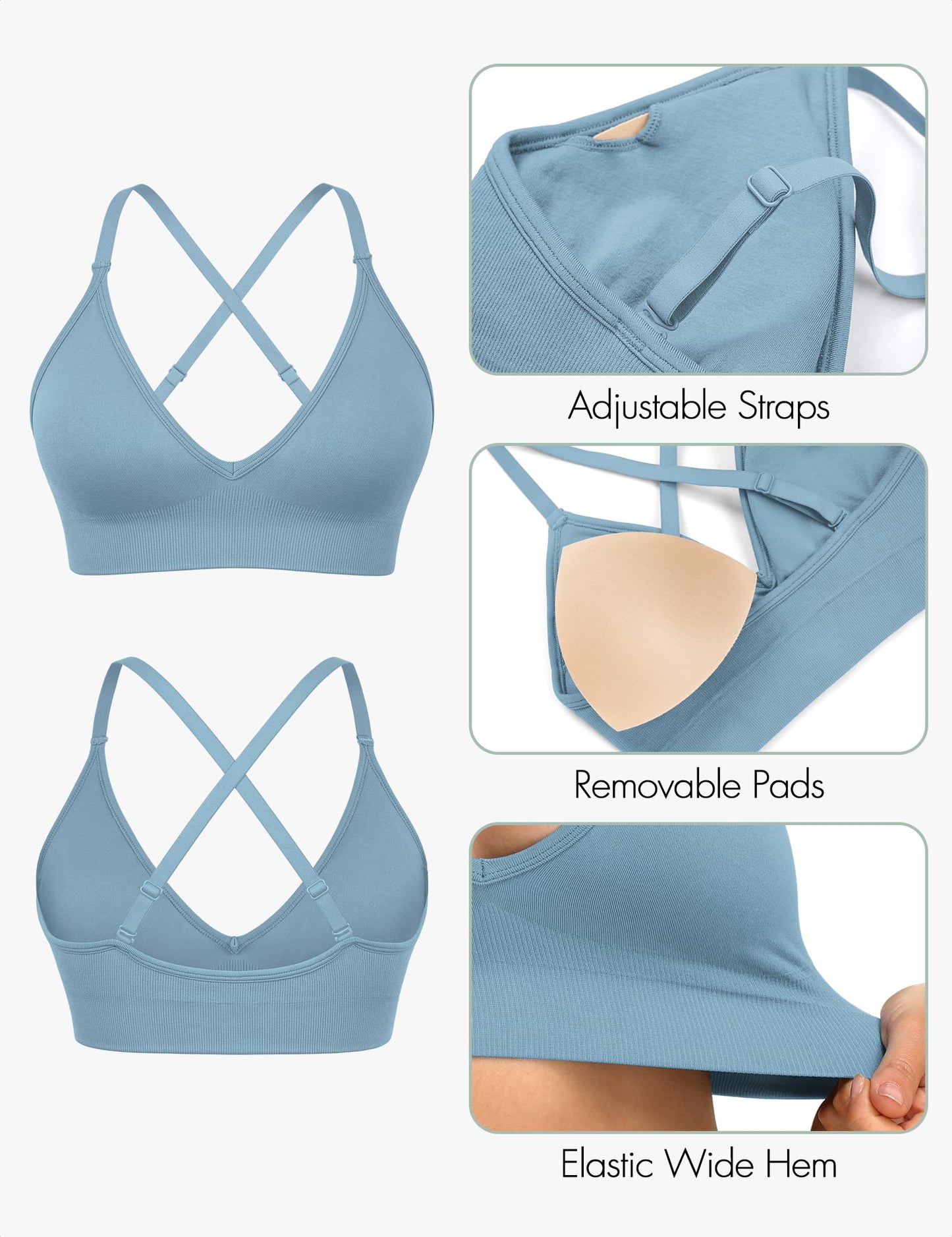 WANAYOU Sports Bras for Women, Deep V Neck Adjustable Spaghetti Strap Cross Back Sport Bra with Padding Low Support Wirefree Seamless Sexy Triangle Bralettes for Women 3 Pack Black Grey Blue Large