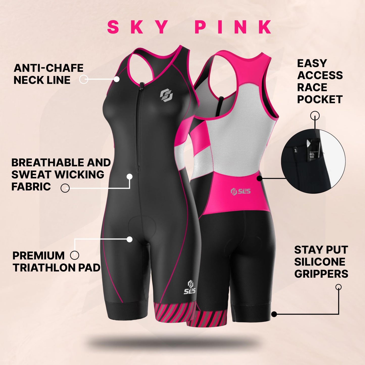 SLS3 Triathlon Suits Women – Sleeveless Trisuit Women - Premium FX Fabric, Tri Suit Womens Triathlon Suit, No Shelf Bra (Sky Pink, Large)