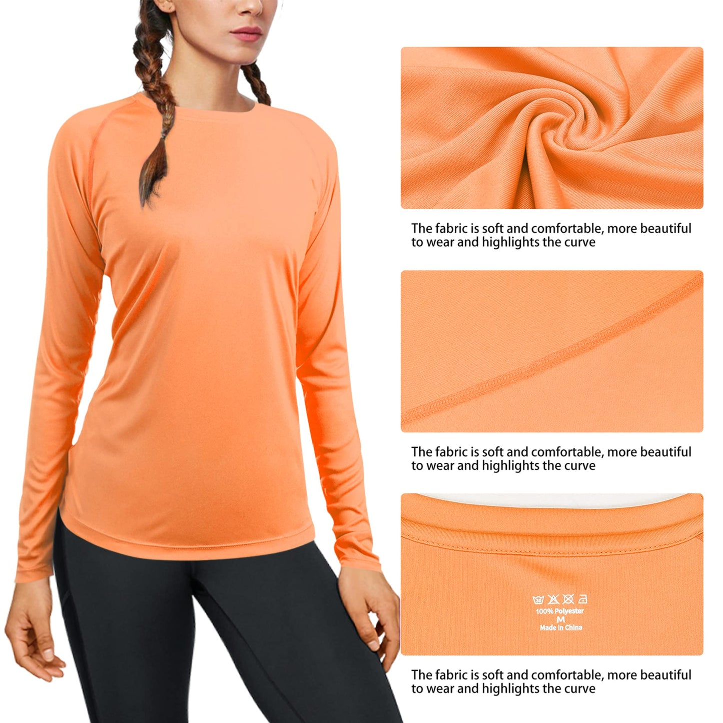 isnowood Womens Long Sleeve Rash Guard, UV UPF 50+ Sun Protection Shirts, Quick Dry Lightweight Tops for Swimming Workout Hiking Running Orange