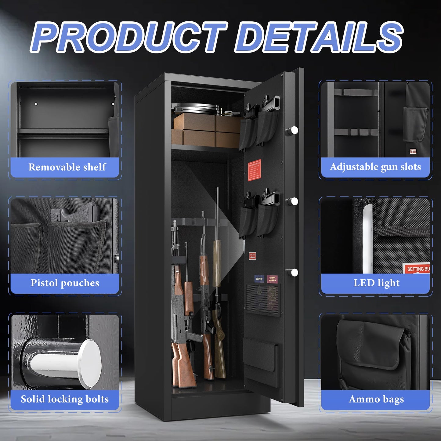 Marcree 8-10 Gun Safe for Rifles & Pistols, Quick Access Rifle Safe with Dual Alarm, Mute Mode, Adjustable Shelves & Pistol Pockets, Gun Cabinet for Shotguns