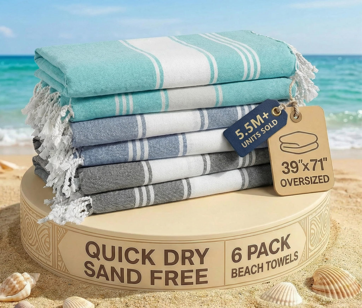 LANE LINEN 6 Pack Turkish Beach Towels, Oversized, 39"x71" - Tropical Color