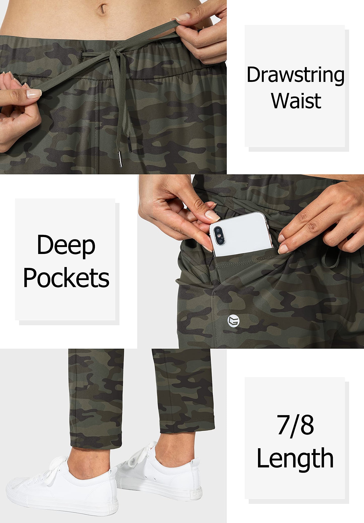 G Gradual Women's Pants with Deep Pockets 7/8 Stretch Sweatpants for Women Athletic, Golf, Lounge, Work (Green Camo, Large)