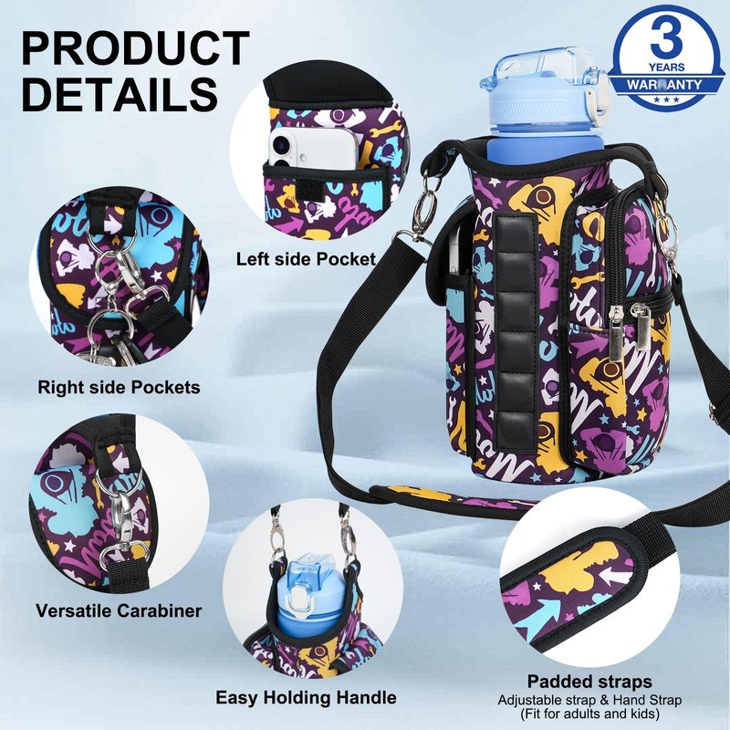 Panmout Magnetic Gym Bag with 27 oz Gym Bottle, Water Bottle Holder Pouch Carrier Bag with Adjustable Strap, Side Pockets, for Outdoor Workout (Pattern)