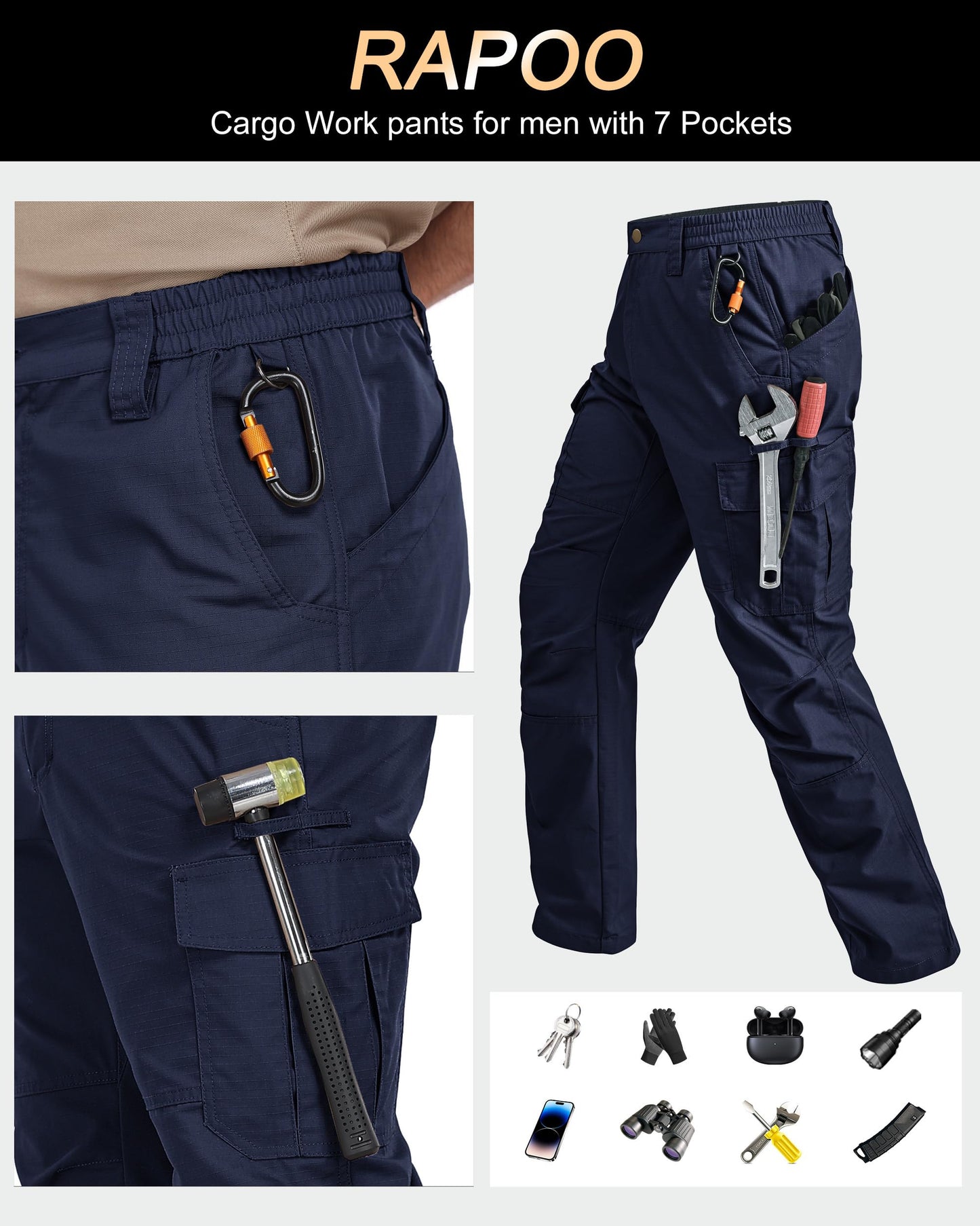 Rapoo Tactical Pants for Men Cargo Working Fishing Pants for Men with Pockets Mens Outdoor Pants Navy 44Wx34L