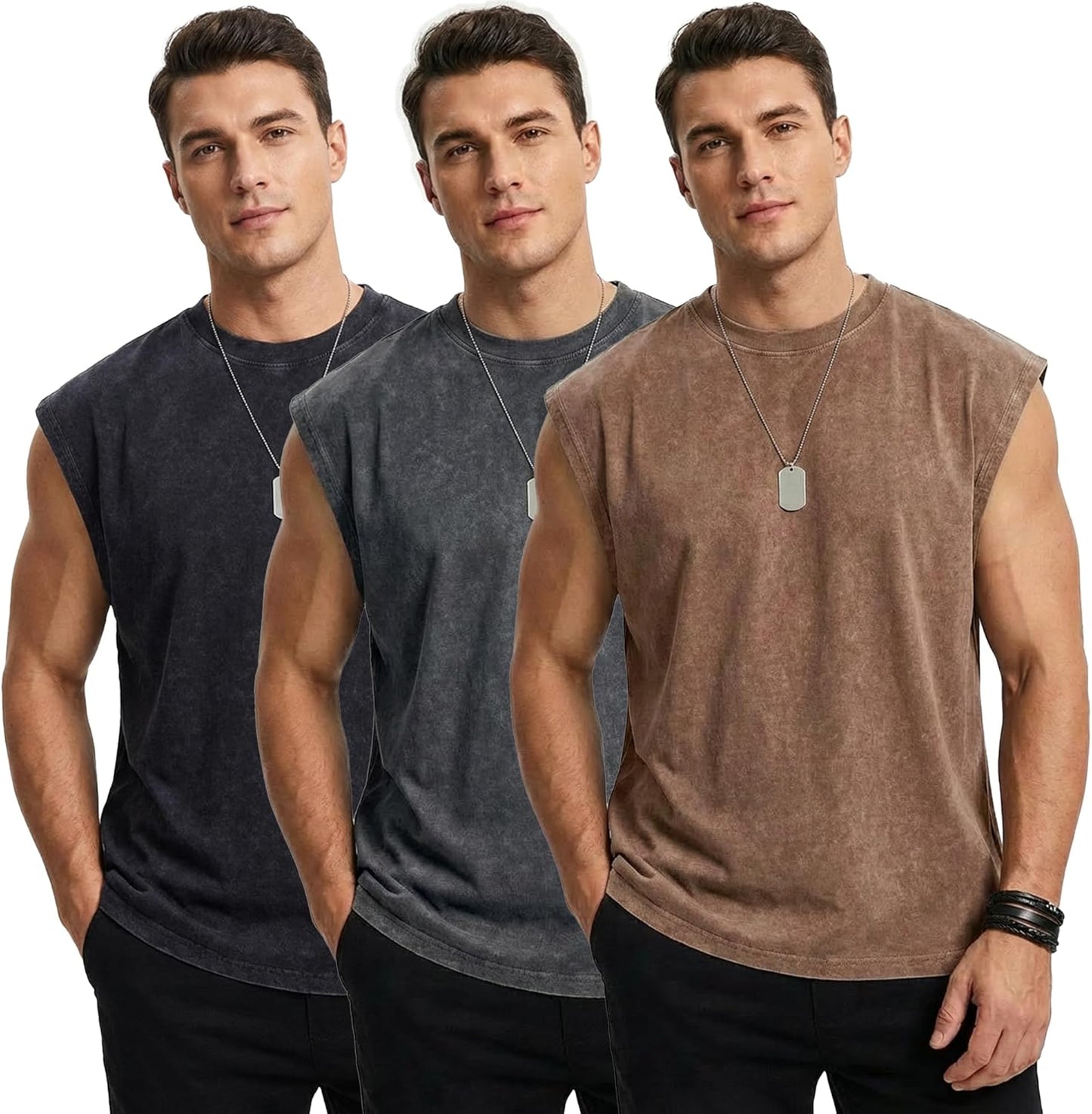 Men's Vintage Washed Muscle Tank Tops - 3 Pack Heavyweight Cotton Gym Shirts | Oversized Fit