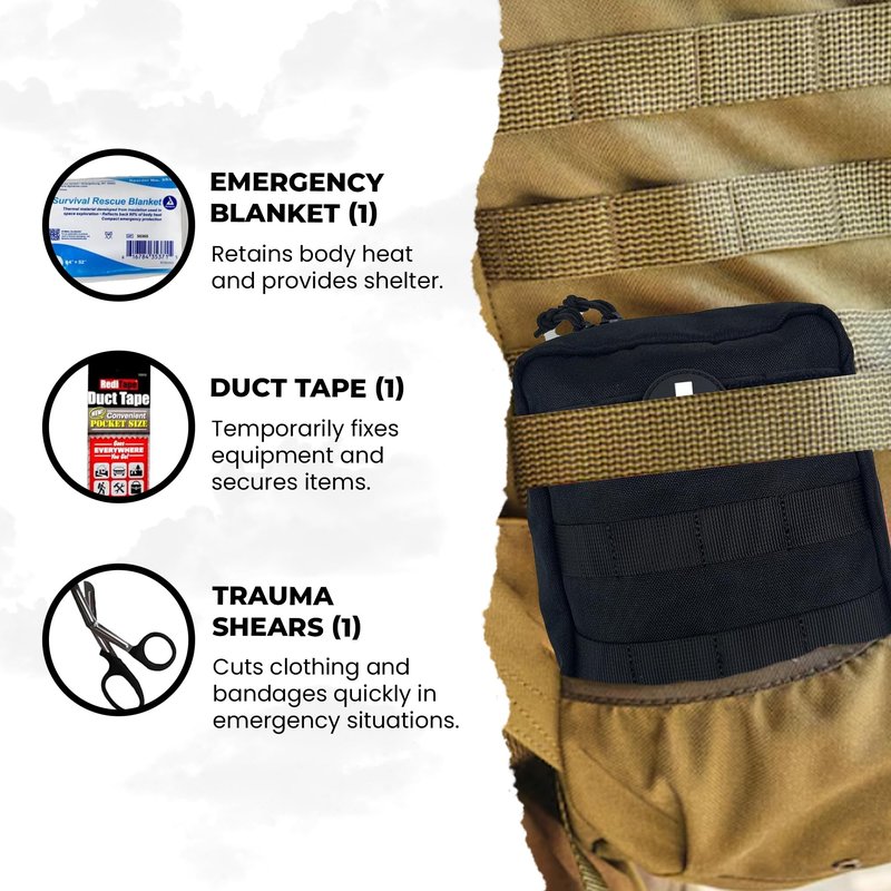 IFAK (Individual First Aid Kit) Trauma Kit with CAT Tourniquet — Medical Pouch for Tactical, Outdoor, Hiking, Military — Backpacking Emergency Medical Kit for Bleeding Control (Black)