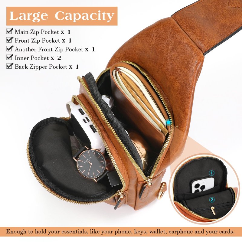 SUOSDEY Sling Bags for Women Crossbody Leather Sling Backpack Chest Bag Shoulder Bags for Casual Traveling Hiking Cycling brown