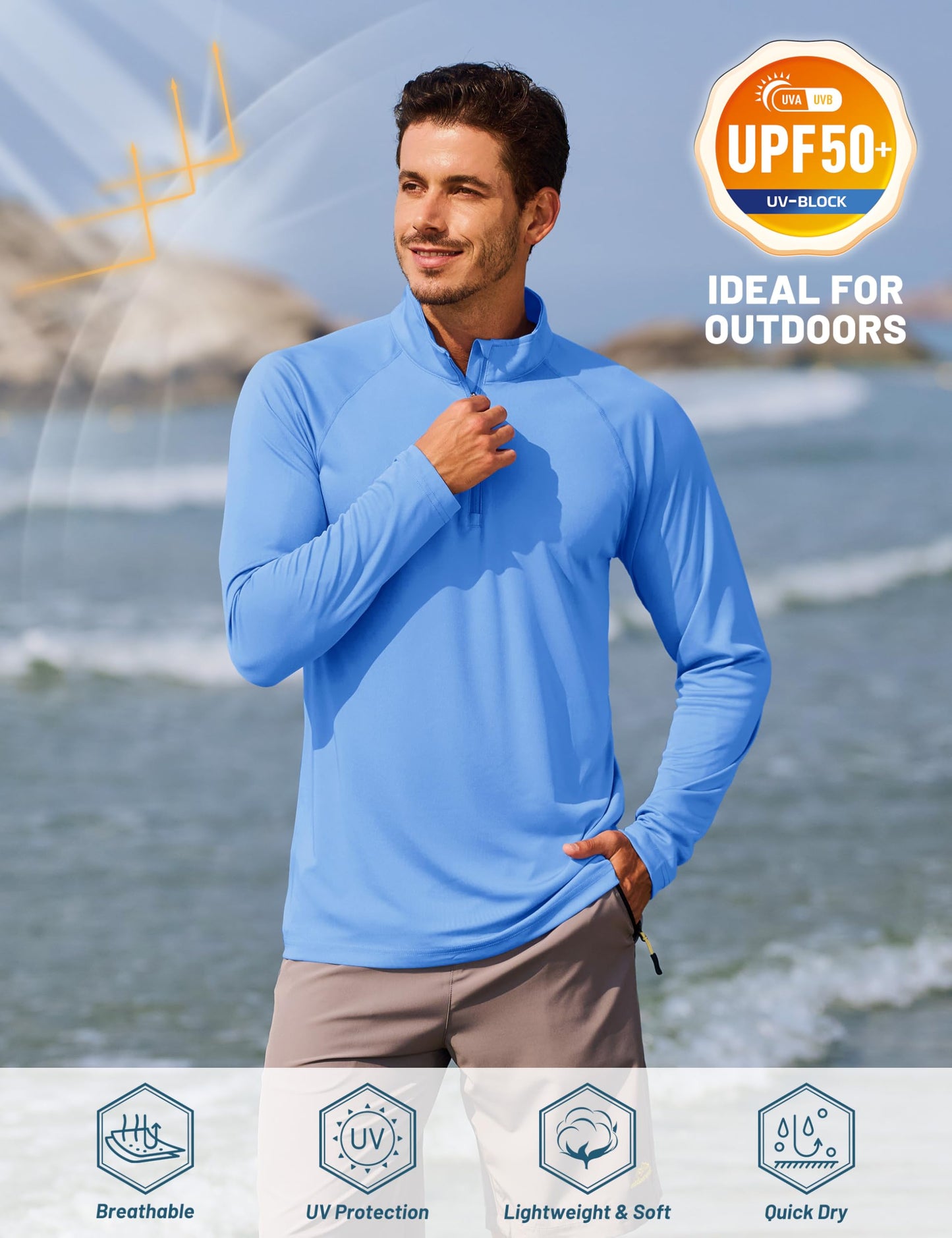 TACVASEN Long Sleeve Swim Shirts for UPF 50+ Sun Protection Pullover Shirts Quick Dry Rash Guard Outdoor 1/4 Zip Workout T-Shirts Light BlueXXL