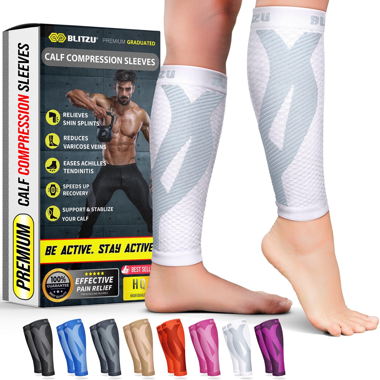BLITZU Calf Compression Sleeve for Women and Men, Shin Splint Sleeves for Varicose Veins, Nursing, Pregnancy, Running, Footless Compression Socks Support for Calf Muscle Pain Relief White L-XL