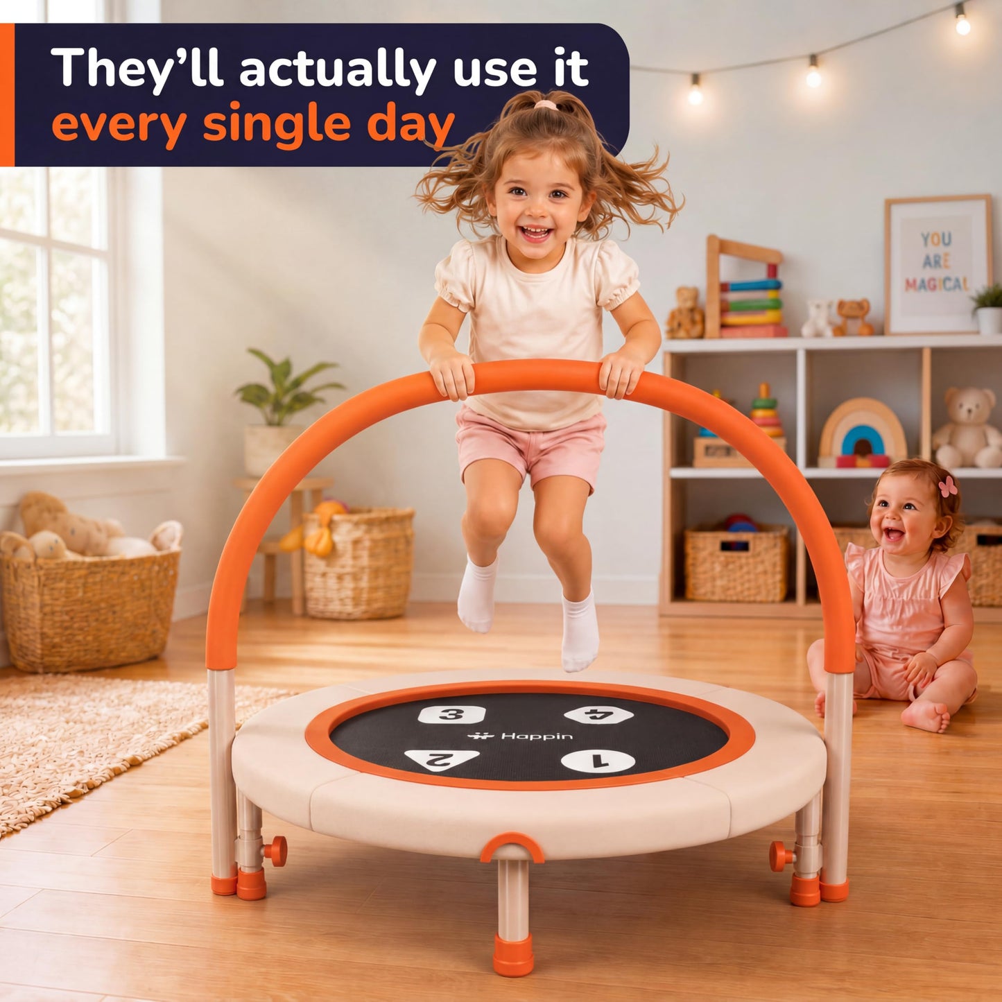Happin® 36'' Toddler Trampoline Indoor, Foldable Mini Trampoline for Kids Ages 2-6, ASTM Certified, Adjustable Handle, Safety Pad for Indoor & Outdoor, Baby Trampolines, for Boy & Girl