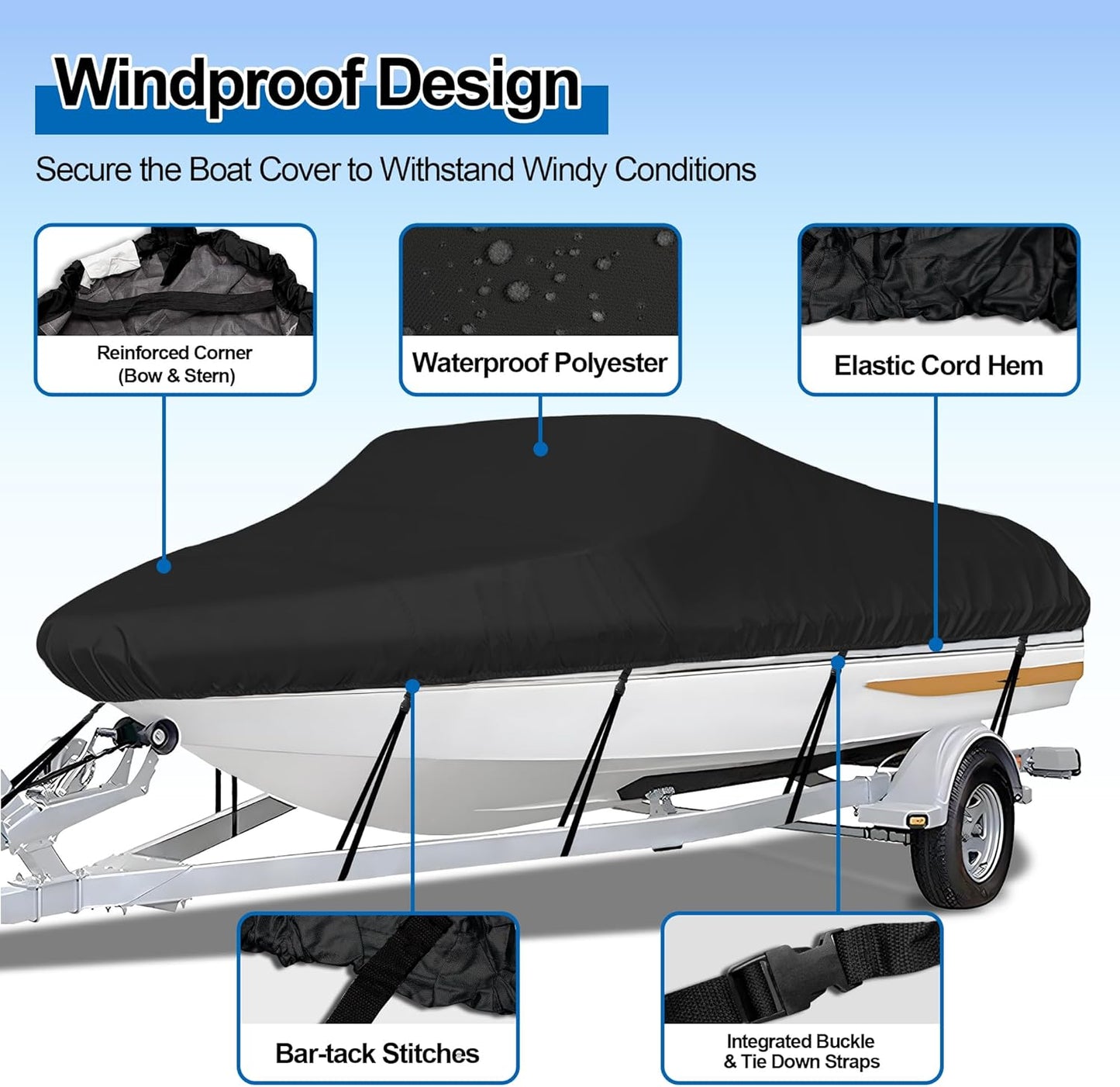 Trailerable Boat Cover - Heavy Duty Waterproof Tarp for V-Hull & Fishing Boats | Fits 14'-16' Length, 90" Width