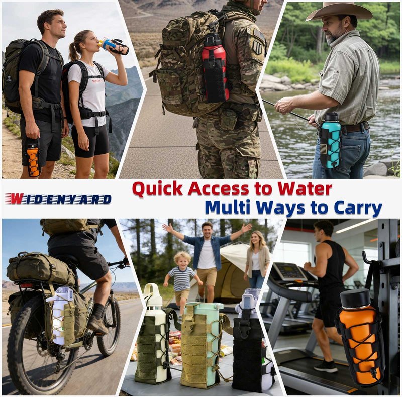 Widenyard Molle Water Bottle Holder Pouch, 16-44 oz Adjustable Capacity Tactical Bottle Bag, Compatible with Backpack, Vest, Belt for Outdoor Activities (Brown, Basic)