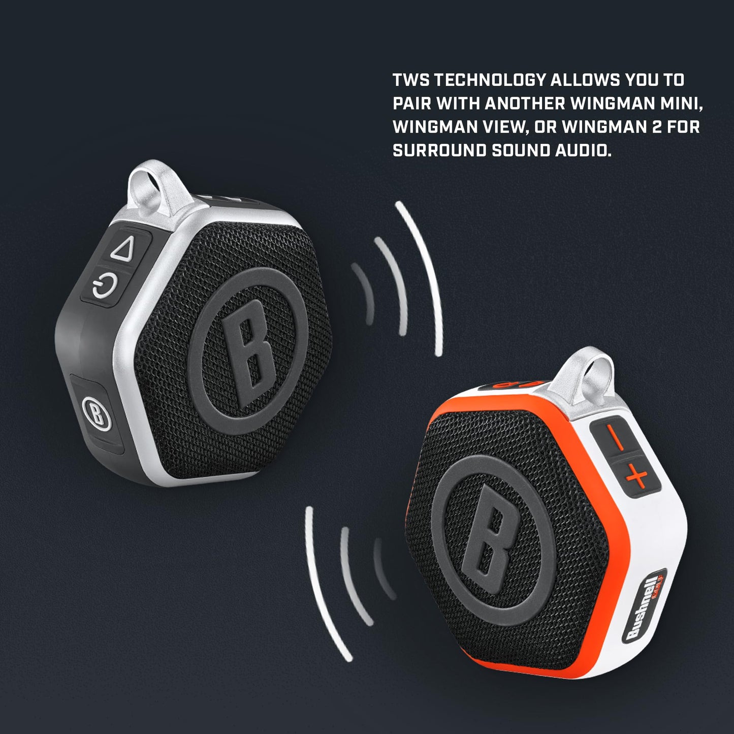 Bushnell Golf Wingman Mini GPS Speaker – Ultra Portable Bluetooth Golf Speaker with Audible Distances, Magnetic Cart Mount, Waterproof, 10Hr Battery & Carabiner, Orange