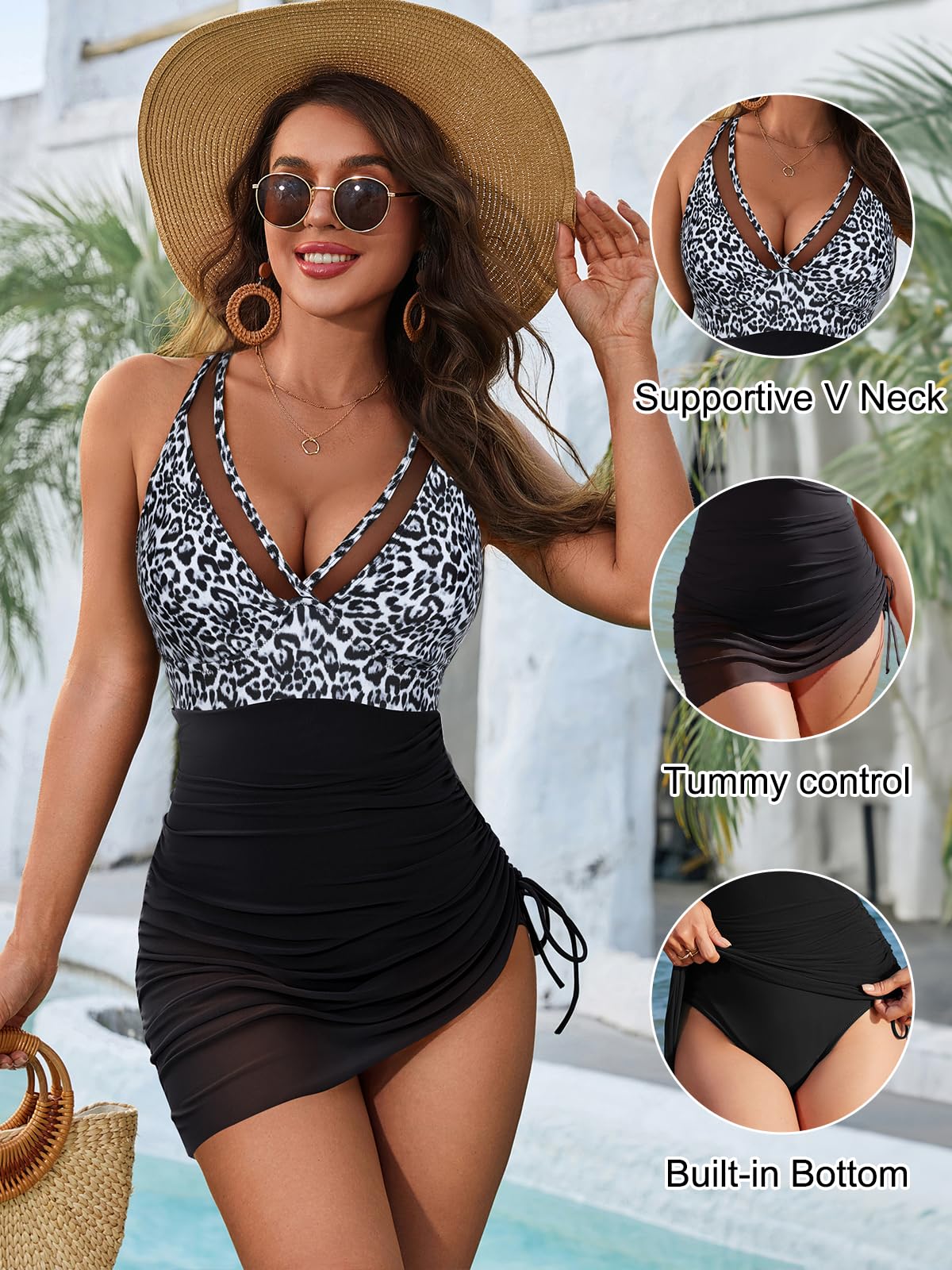 Blooming Jelly Women One Piece Swimsuits Tummy Control Swim Dress Slimming Sexy Sarong Wraps Swim Suits (L, Black Leopard)