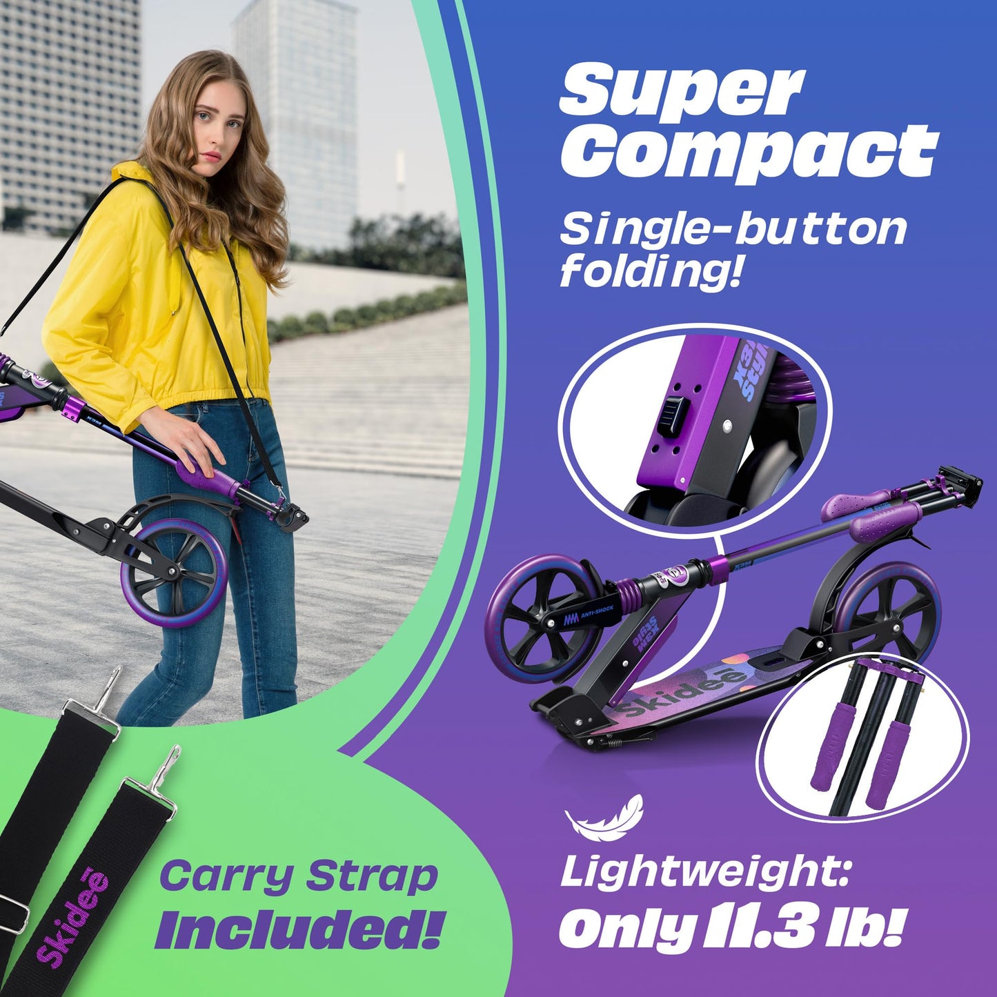 Skidee Kick Scooter for Kids Ages 6+ - Adjustable Handlebar Up to 41" High, Large Wheels, Anti-Shock Suspension - Foldable, Lightweight Scooters for Kids, Teens & Adults, Max Load 220 Lbs