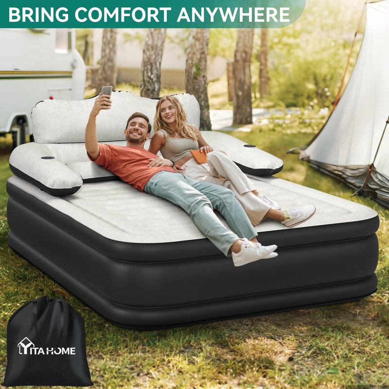 YITAHOME Queen Size Air Mattress with Headboard and Built-in Pump, 18in Blow Up Mattress with Carry Bag, and Nozzles for Home, Camping, and Travel