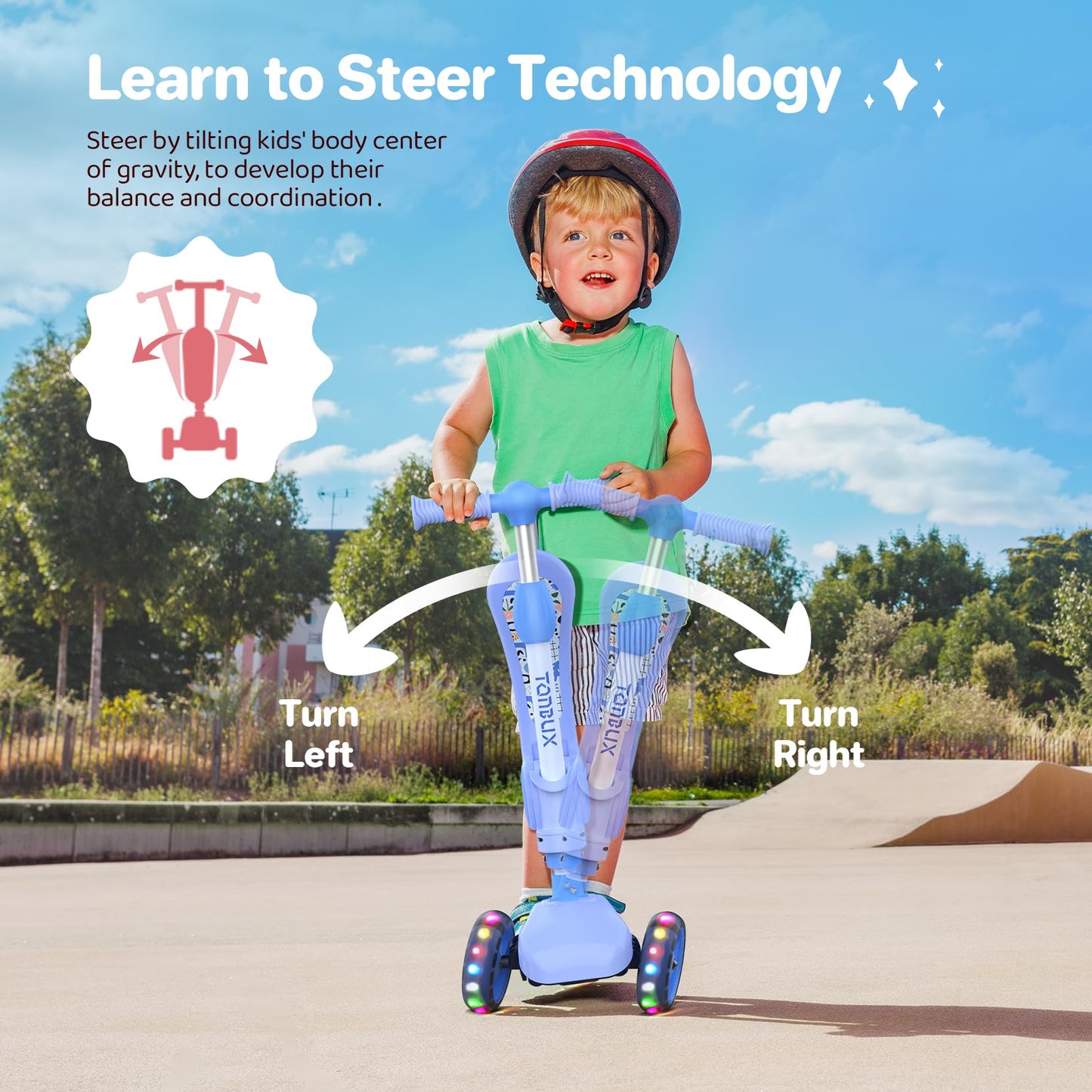 TONBUX Kids Scooter with Seat, 3 Wheels Scooter with PU Luminous Wheels, Non-Slip Handle and Wide Deck, Sensitive Brakes, 4-Level Adjustable Height, Scooters for Kids 2–8 Years Blue
