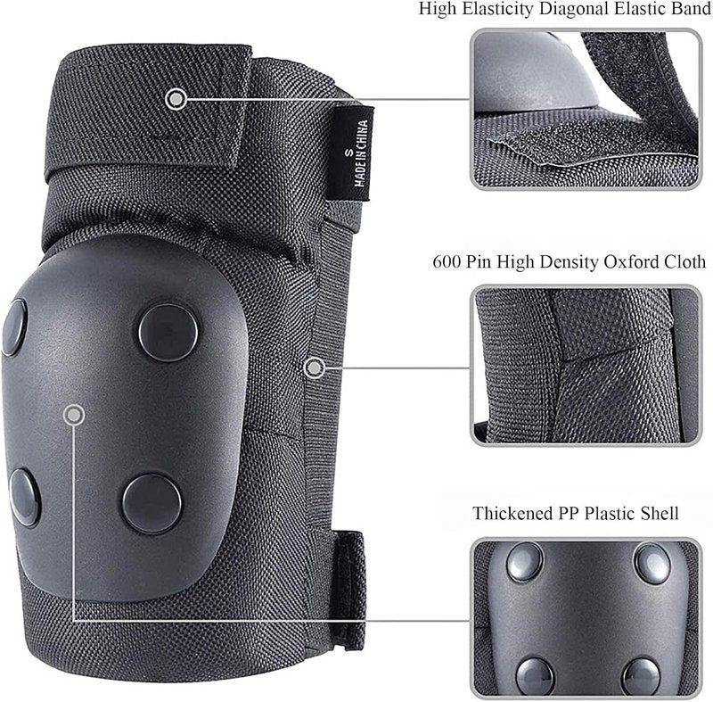 Knee Pads & Elbow Pads | 6-in-1 Protective Gear Set for Skateboarding, Biking & Roller Skating - Black