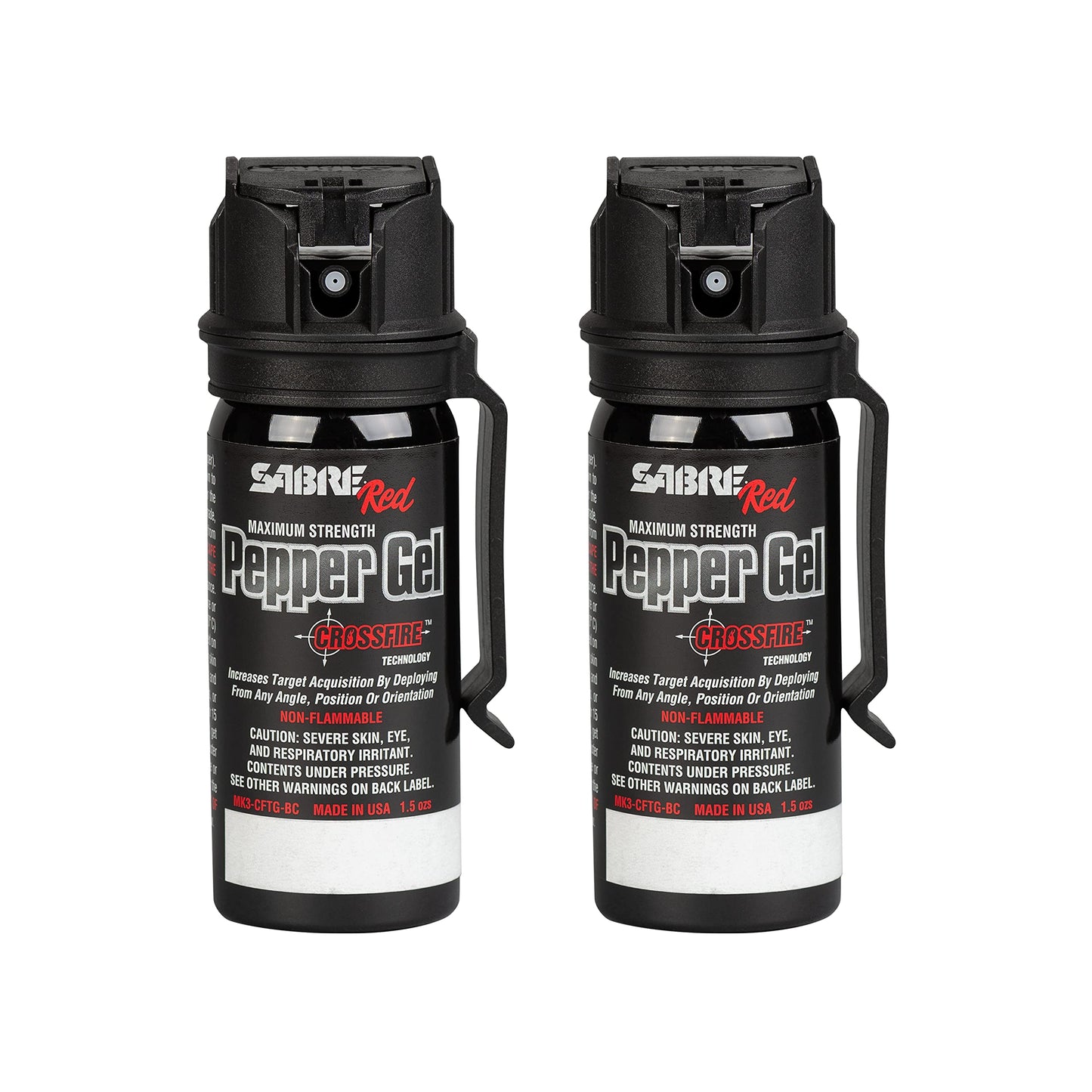 SABRE Crossfire Pepper Gel for Self Defense, Deploys At Any Angle, Maximizes Target Acquisition Against Threats, Easy Carry Belt Clip Safety Flip Top, Max Police Strength Pepper Spray 1.5 fl oz 2 Pack