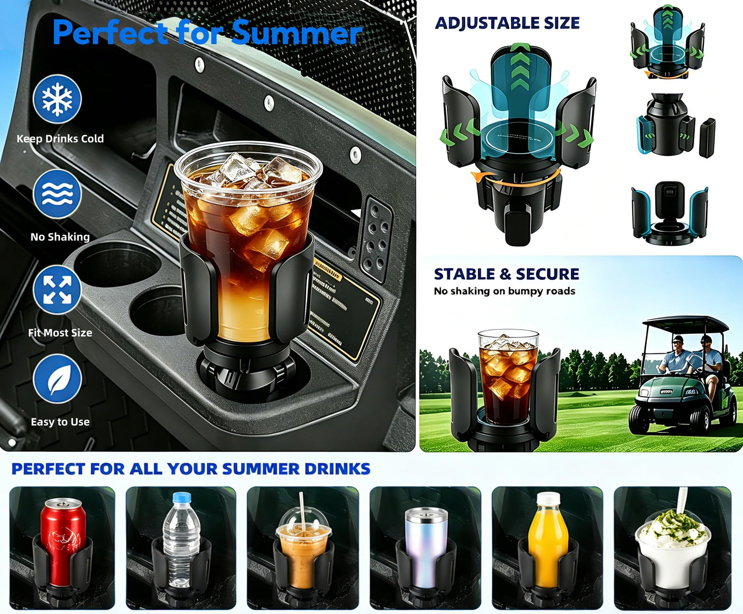 AIPSET Golf Cart Cup Holder for Summer Drinks, Propane Heater Holder for 1lb Tank & Water Bottle, Adjustable for All Drinks, Universal Compatible with EZGO Club Car Yamaha, Firmly & Easy to Use