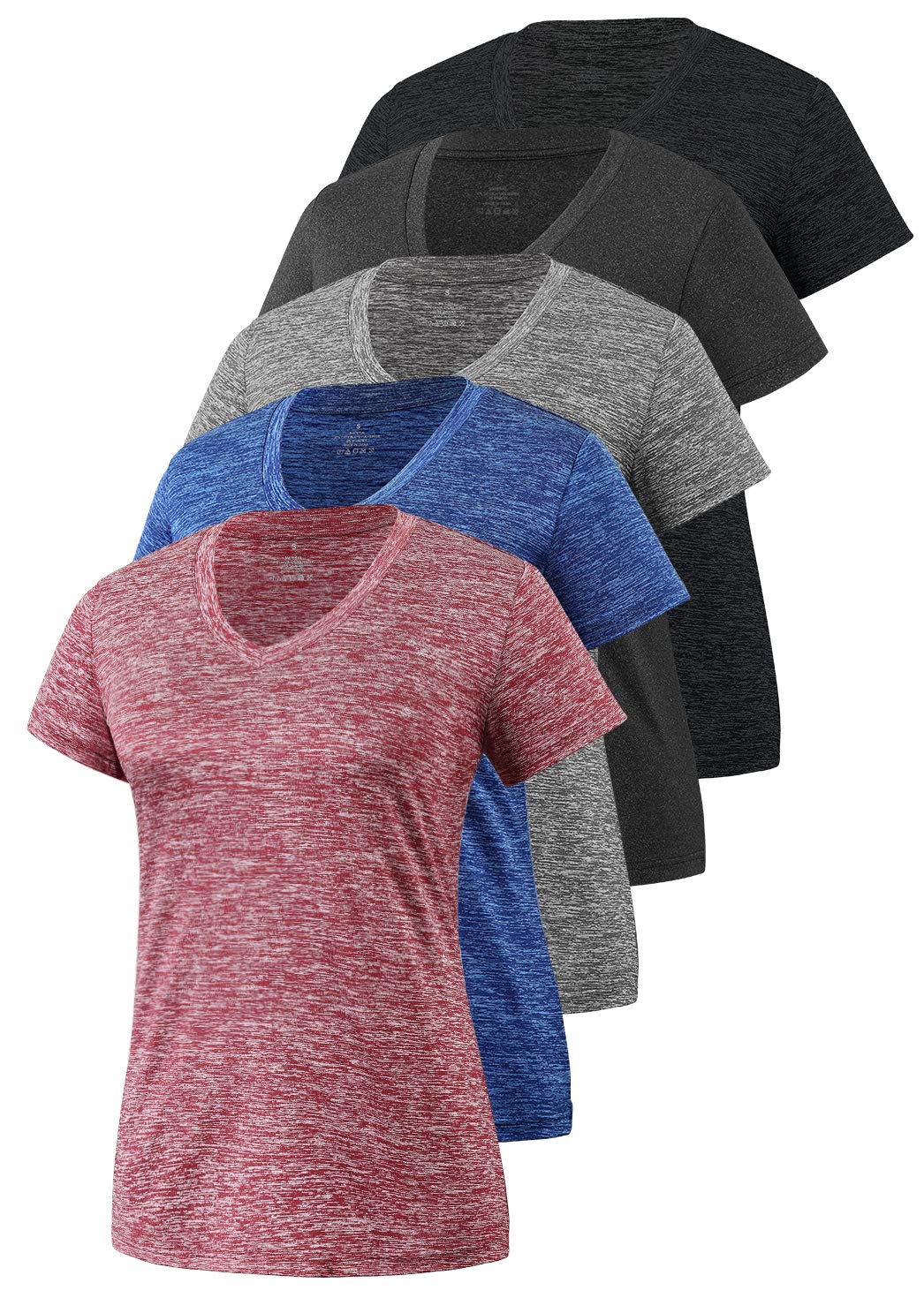 Cosy Pyro Women's Short Sleeve V-Neck Athletic T-Shirt Exercise Yoga Tees Dry Fit Gym Shirts Moisture Wicking Workout Tops Pack of 5 Black1/Black/Gray/Navy/Wine M