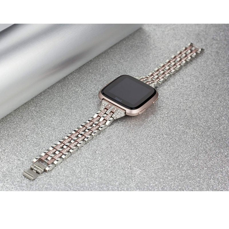 Mtozon Bands Compatible with Fitbit Versa 2/Versa Lite/Versa, Women Replacement Metal Rhinestone Bling Bracelet Wristband, Silver with Rose Gold