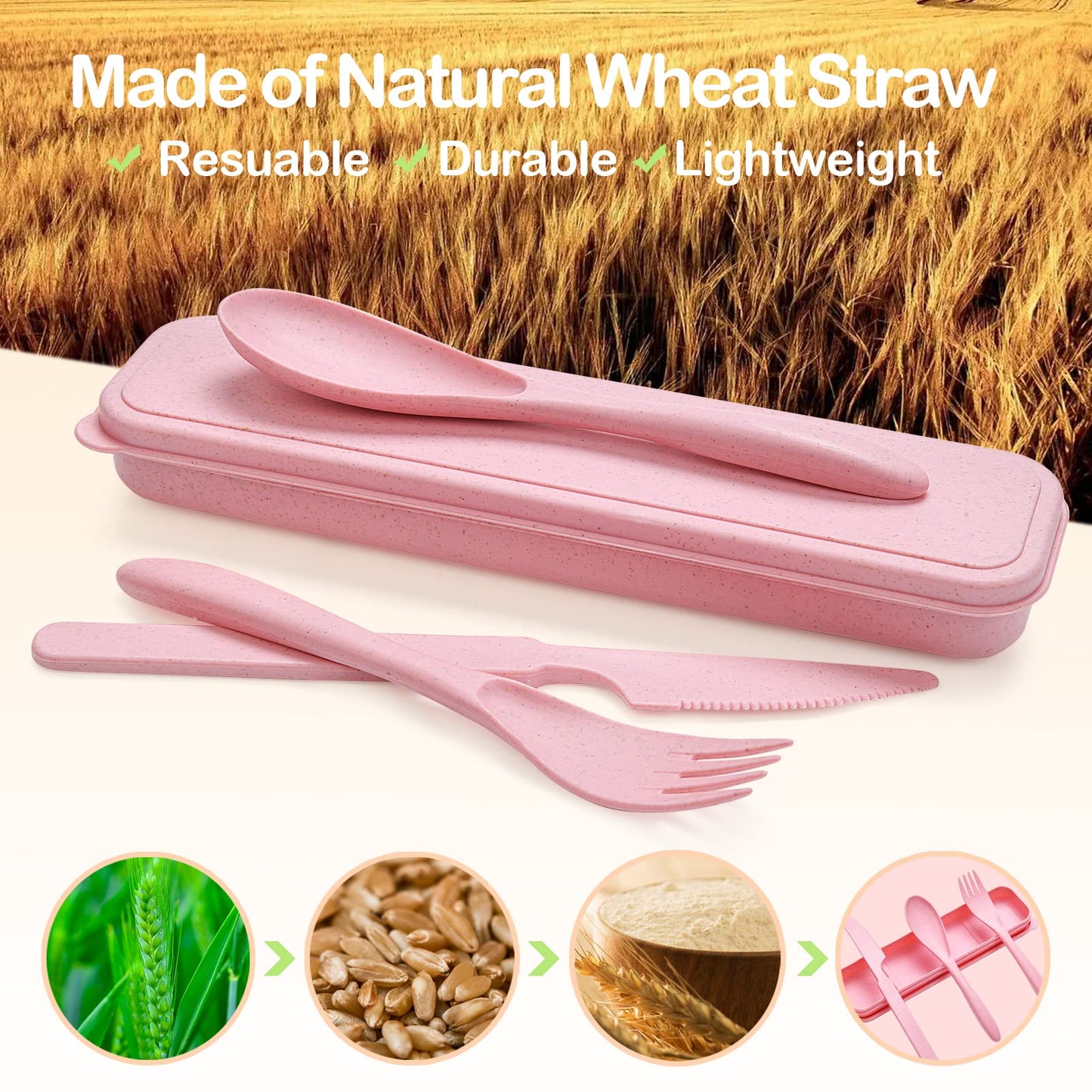 Reusable Travel Utensils Set with Case, 10 Sets Wheat Straw Portable Knife Fork Spoons Cutlery, Eco-Friendly BPA Free Plastic Tableware for Kids Adults Travel Picnic Camping Silverware