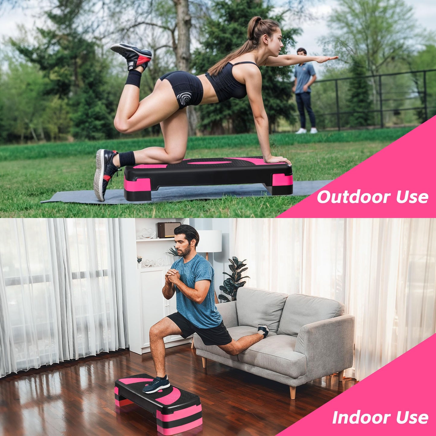 JungleA 31" Aerobic Step Platform, 3 Levels Height Adjustable Steppers For Exercise at Home Gym, Cardio Workout Step Platform Wide Bench, 4 Stackable Risers, Non Slip Fitness Stepper Up Box, Pink