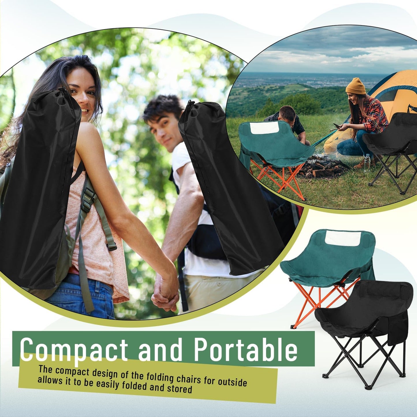 Seeloowy 2 Pack Compact Camping Chair Portable Folding Chairs for Outside with Carry Bag Lightweight Moon Chairs for Travel Picnic Hiking Beach Fishing, 600D Oxford, Supports 330lbs (Green, Black)