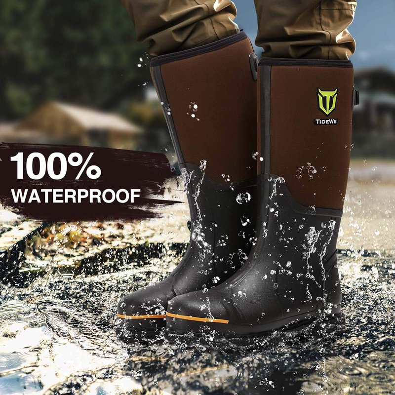 TIDEWE Rubber Work Boots for Men - Steel Toe Waterproof Anti-Slip Hunting Boots | Size 7-13, Black/Brown