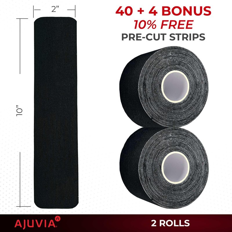 AJUVIA Synthetic Kinesiology Tape, 2 Rolls, 10% Bonus, 40 + 4 Precut Strips, Lasts up to 14 Days, Hypoallergenic and Waterproof K Tape for Muscle Pain Relief and Joint Support