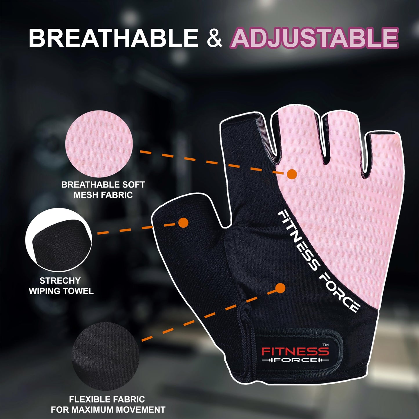 FITNESS FORCE Breathable Workout Gloves for Men and Women, Padded Weight Lifting Gloves with Full Palm Protection for Grip, Exercise, Cycling, Gym, Fitness Training (Pink, X-Small)