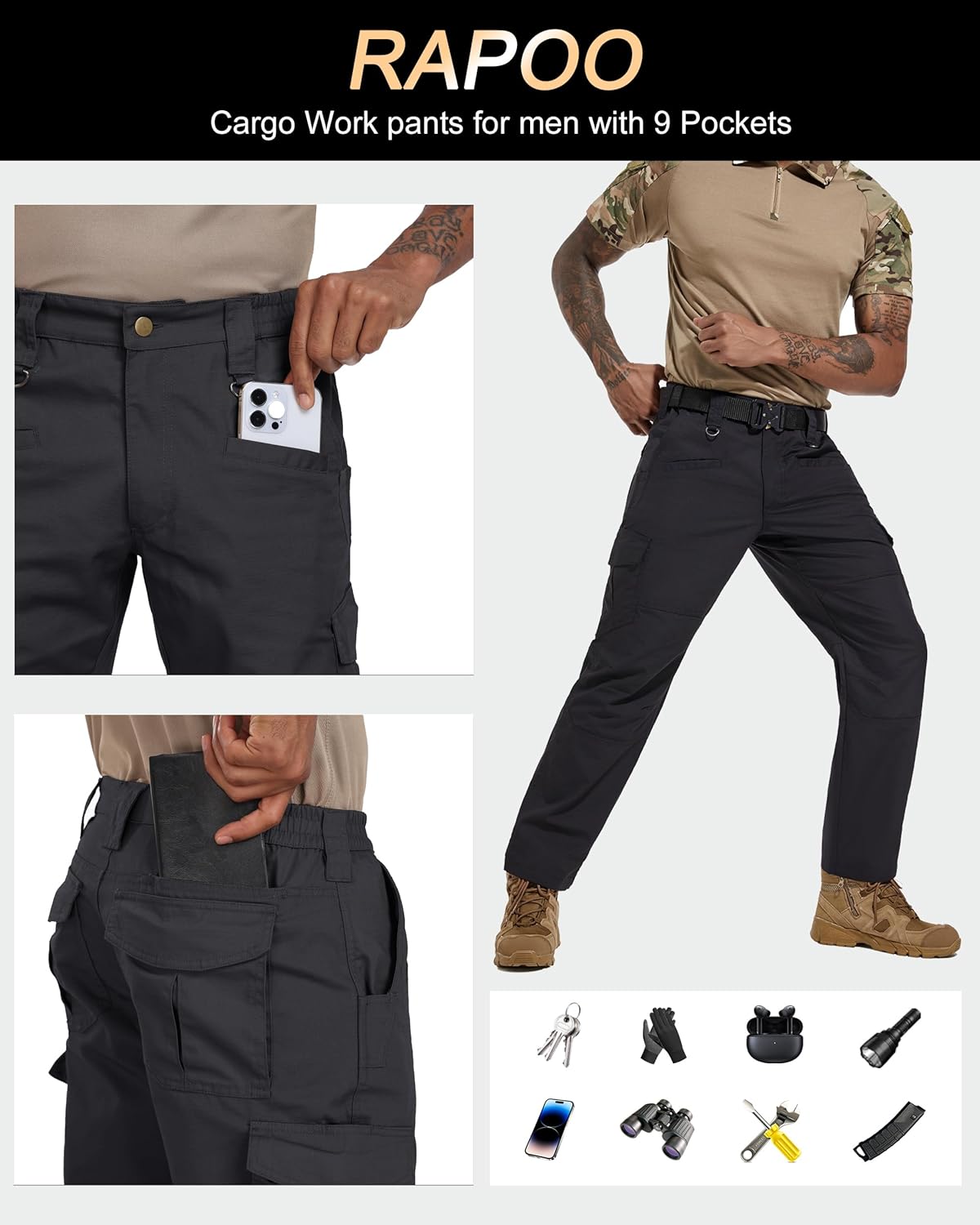 Rapoo Tactical Cargo Pants for Men - Water Resistant EDC Hiking Pants with 9 Pockets | Military Style