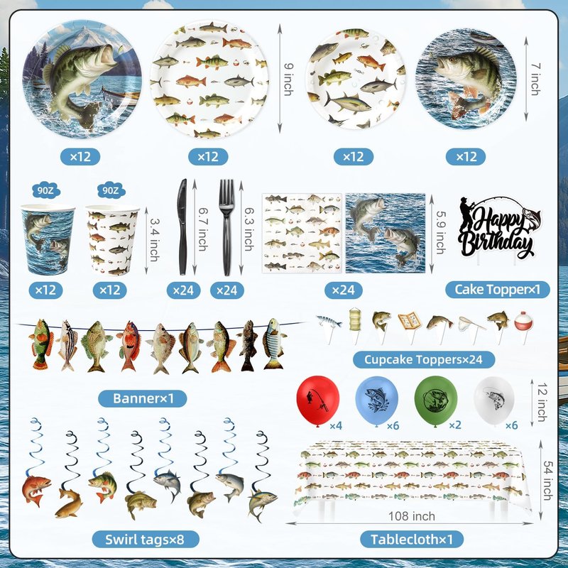 Fishing Birthday Party Decorations Set - 197 Pcs for 24 Guests | Banners, Cake Toppers, Plates & Balloons