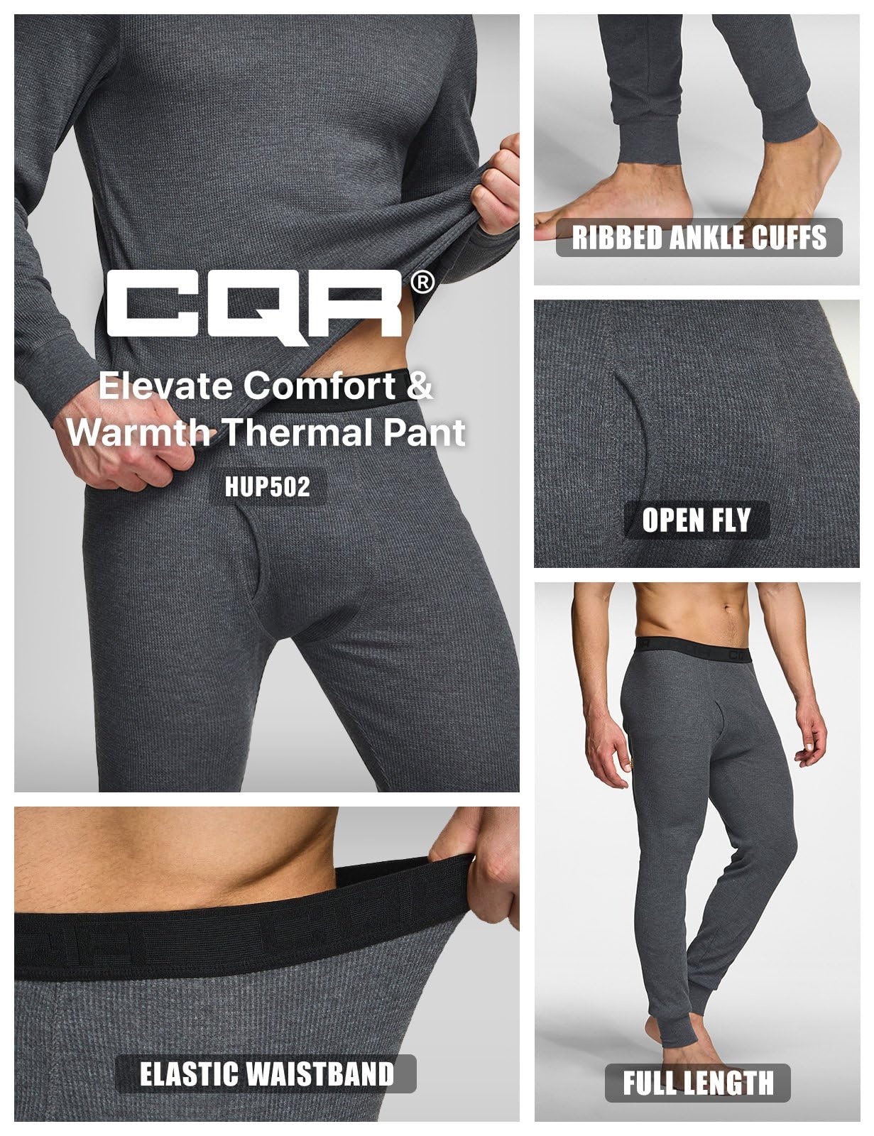 CQR Men's Thermal Underwear Pants, Midweight Waffle Knit Long Johns, Winter Cold Weather Thermal Bottoms with Fly, 1 Piece of Pants Dark Grey, Large