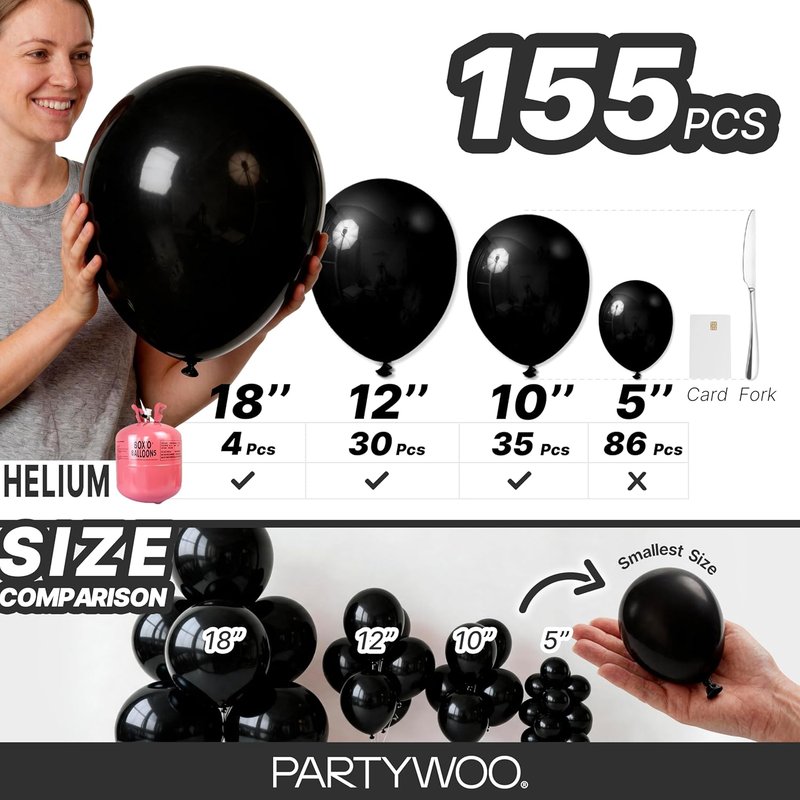 Black Balloons Arch Kit - 155 Pcs in 5 Sizes for Baby Showers, Birthdays & Anniversaries | Elegant Black Decor