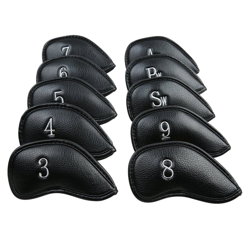 Golf Builder 10pcs/Set Black Leather Golf Iron Head Covers 3-9 Sw Pw Aw Fit Right Hand Irons