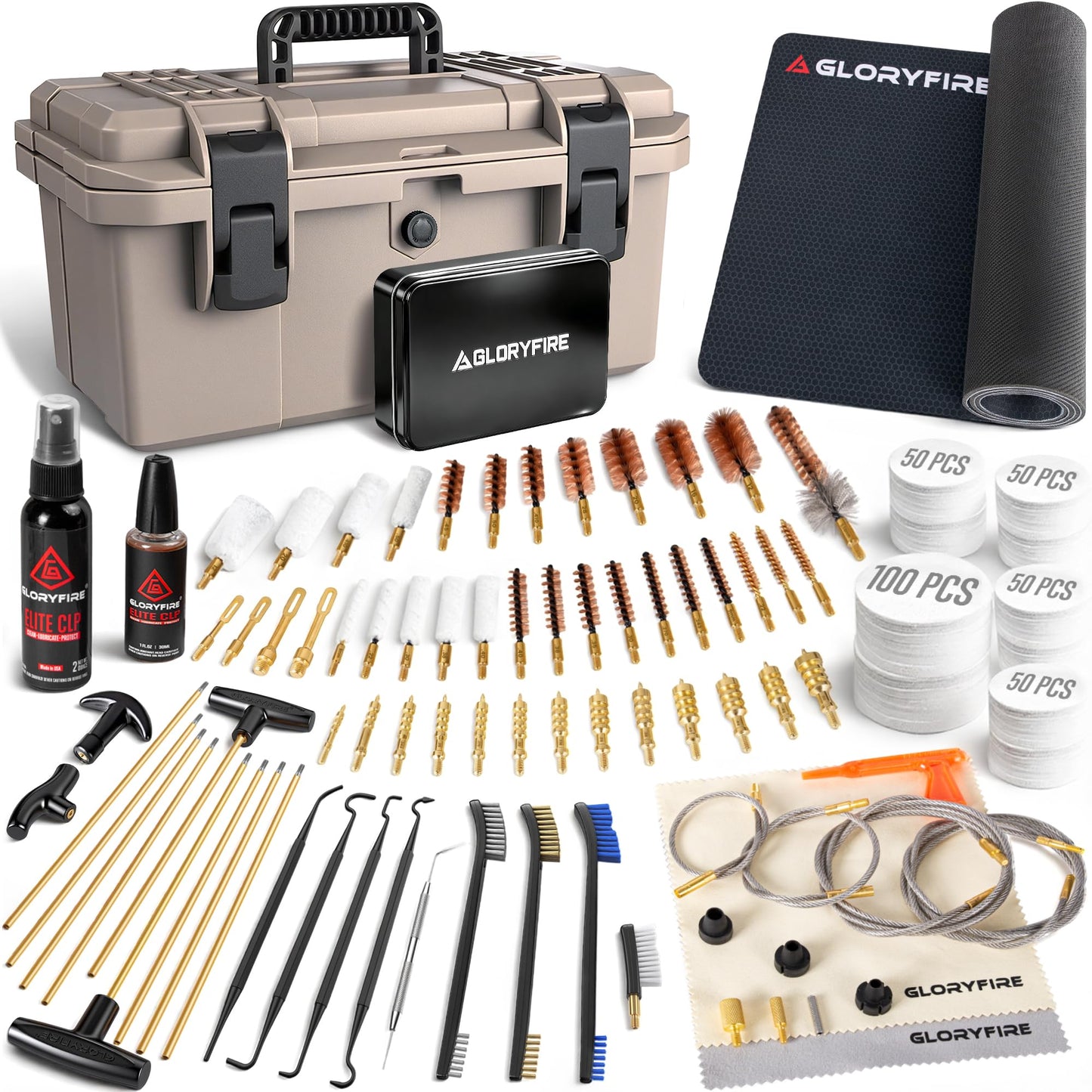 GLORYFIRE Deluxe Universal Gun Cleaning Kit - Highly Effective Cleaning Solutions for Hunting and Shooting - Compact (Coyote)