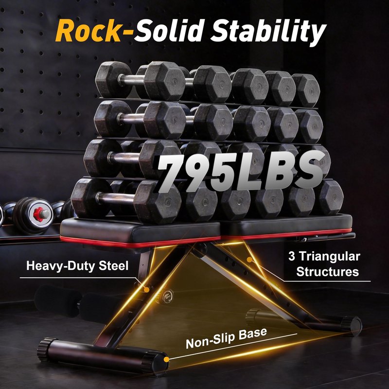Aidoly Adjustable Weight Bench, Workout Bench 795 lbs Capacity with 72 Multi-Position Settings, Foldable Incline Decline Flat Exercise Bench for Bench Press, Sit Up, and Strength Training