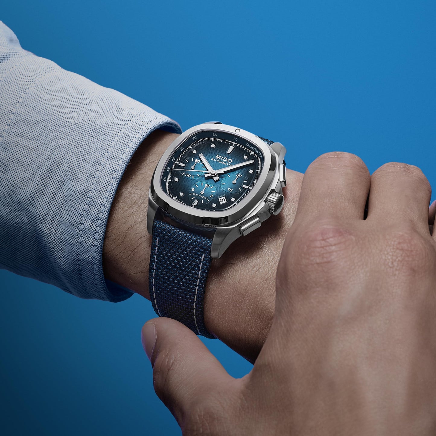 MIDO Multifort TV Chronograph - Swiss Automatic Watch for Men - Blue Dial- 41.2 x 42mm Stainless Steel Case and Bracelet with Additional Blue Fabric Strap - M0495271104100
