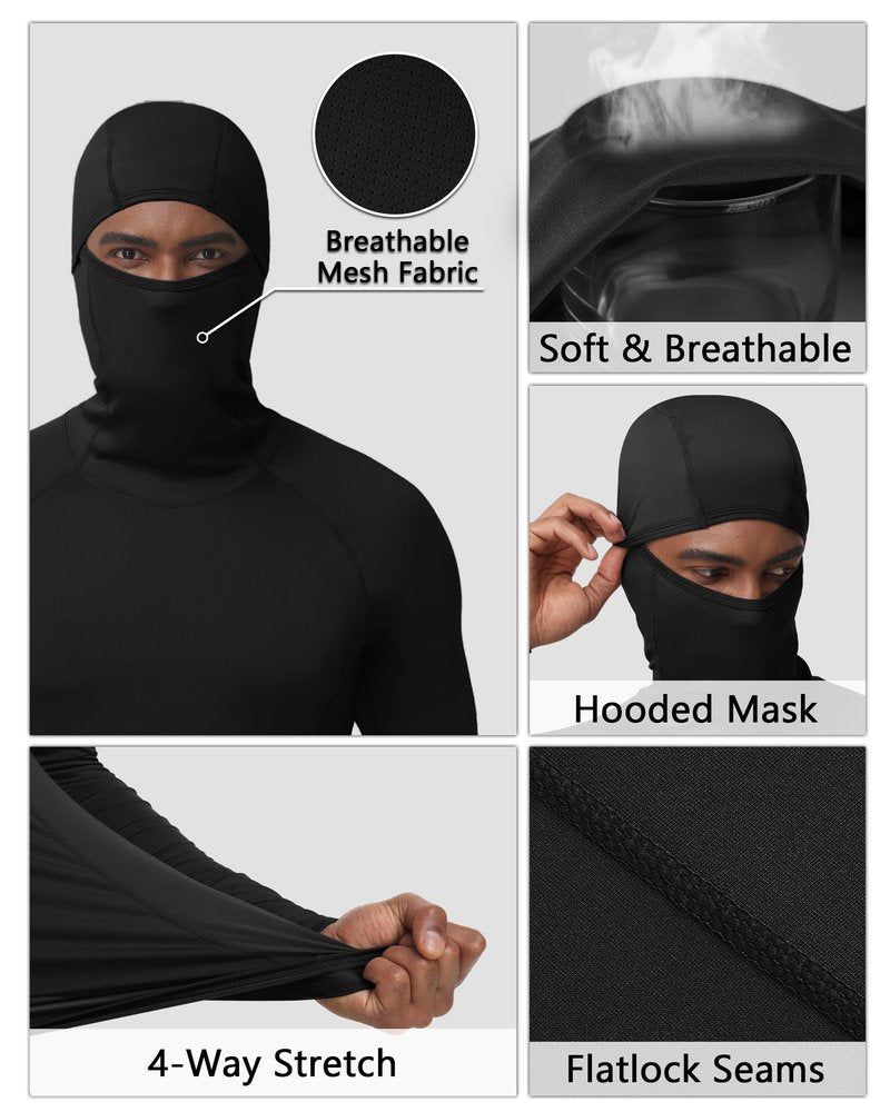 RIKUAOU Men's Compression Shirt Hoodie with Mask, Long Sleeve Athletic Base Layer Top, Cool Dry Workout Sports Undershirt Black