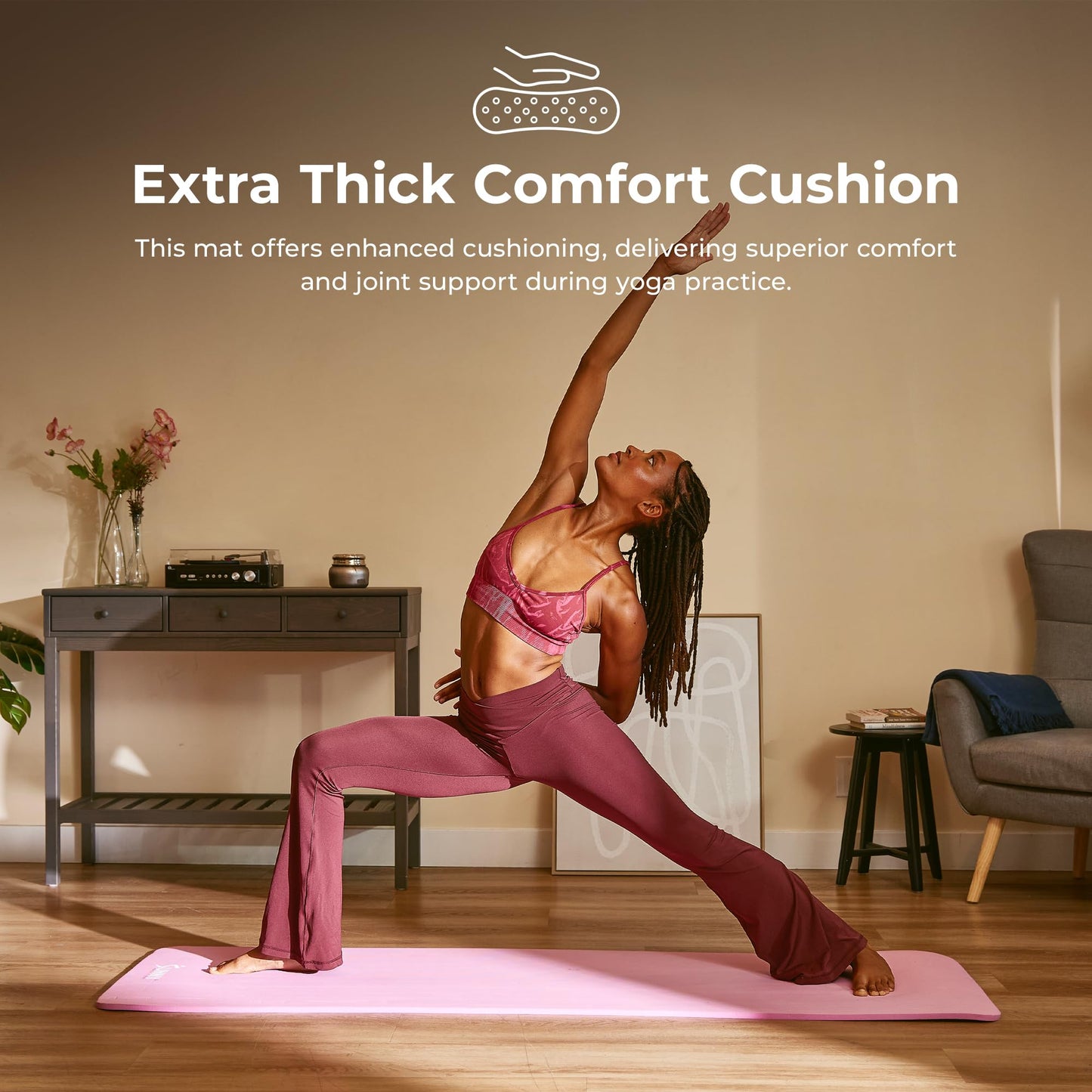 Sunny Health & Fitness Premium 1/2-Inch Extra Thick Exercise Yoga Mat Non-Slip High Density Pilates and Floor Workout Elastic Strap Portable with Carrying Strap - Pink - 74 x 24 Inches - SF-EM03-PK