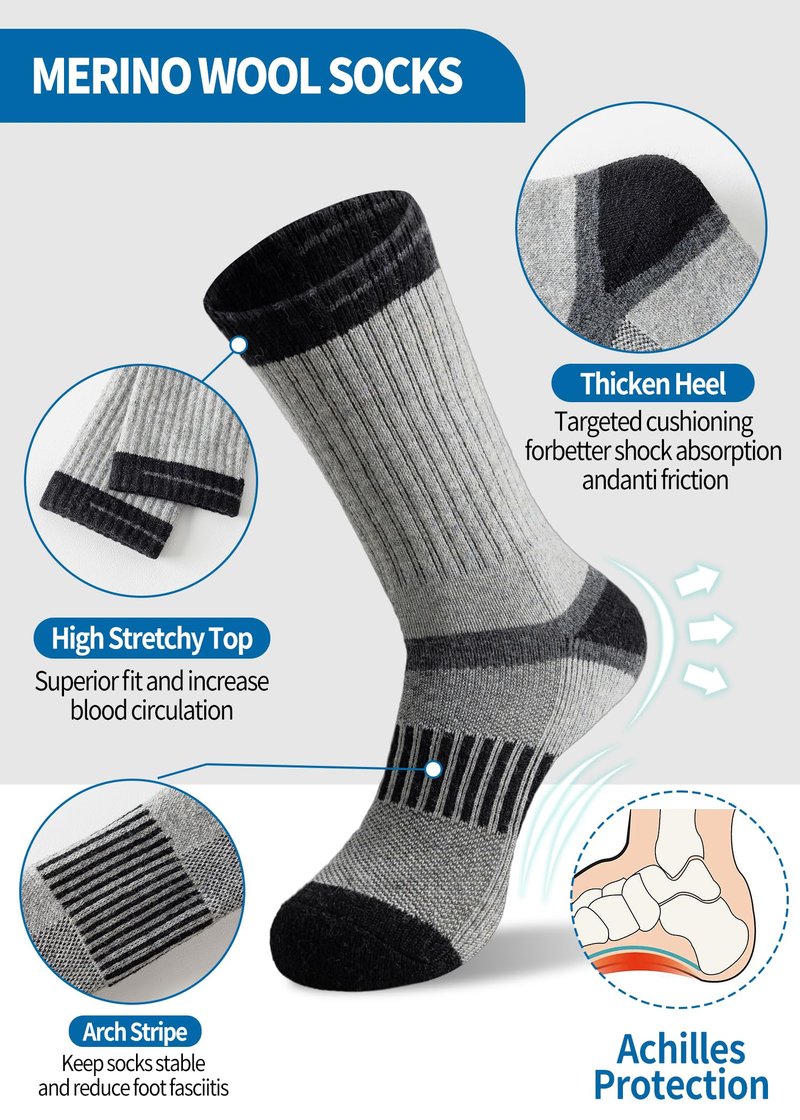 Men's Wool Crew Work Socks, 5 Pairs, Moisture Wicking Cushioned Boot Socks for Hiking, Running and Sports (US, Numeric, 10, 13, Regular, Regular, Net Mix)