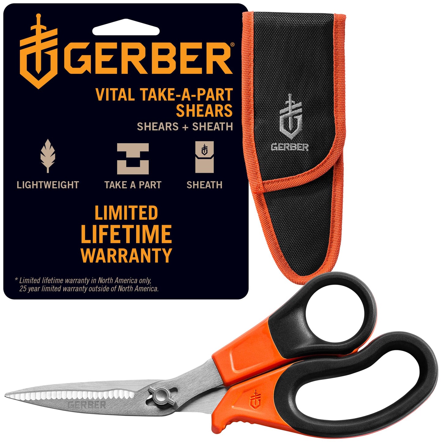 Gerber Vital Take-A-Part Poultry Shears, Hunting Shears for Small Animals, Serrated Blades & Visual Orange Rubber Handle, 5.5”, Orange