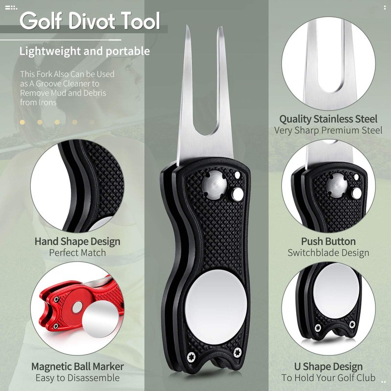Skylety 4 Pcs Golf Divot Repair Tool Metal Foldable Golf Divot Tool with Magnetic Pop-up Button Ball Marker Stainless Steel Switchblade for Golfers Prizes(Red, Silver, Gray, Black)