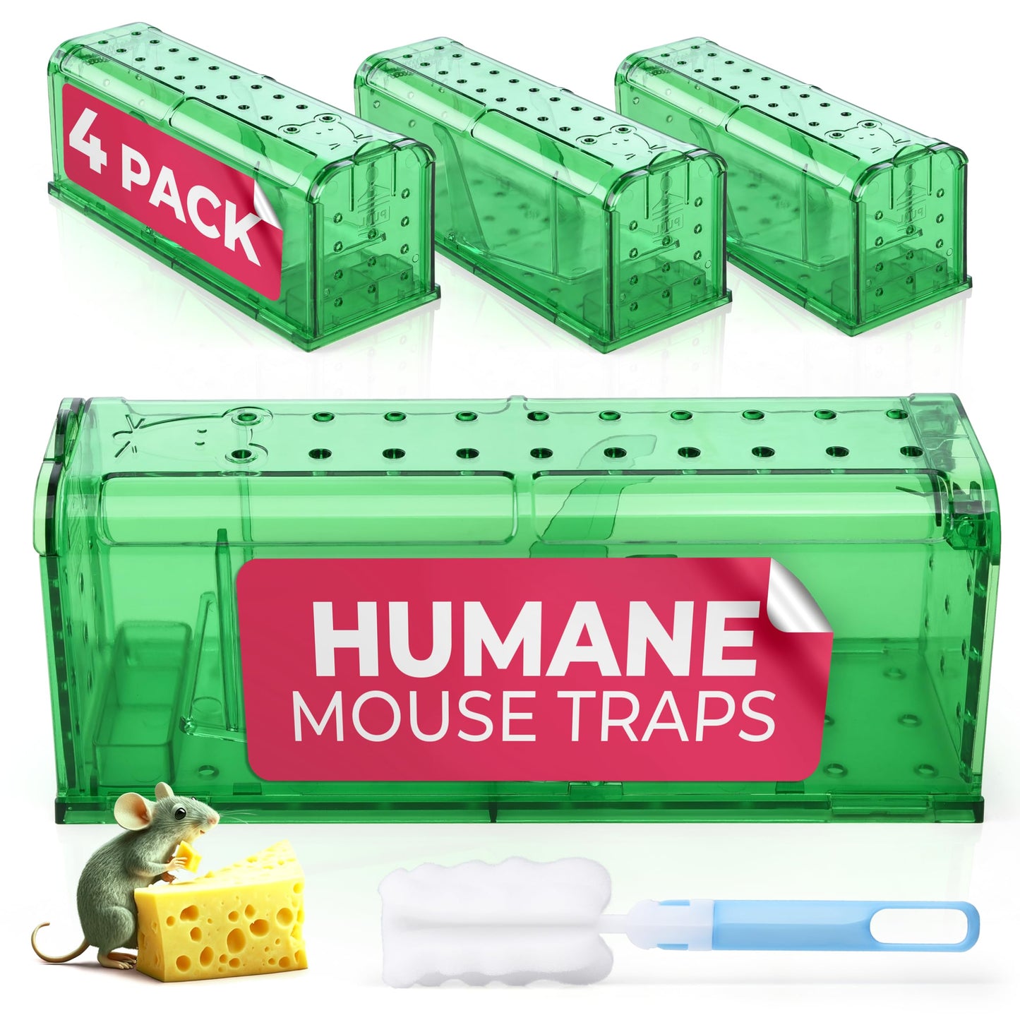 Humane Mouse Trap Pack of 4 - No Kill - Live Mouse Traps Indoor for Home Use - Reusable Rodent Traps for House Indoor, Safe & Effective Rat Trap Outdoor - Humane Mice Control with Cleaning Brush
