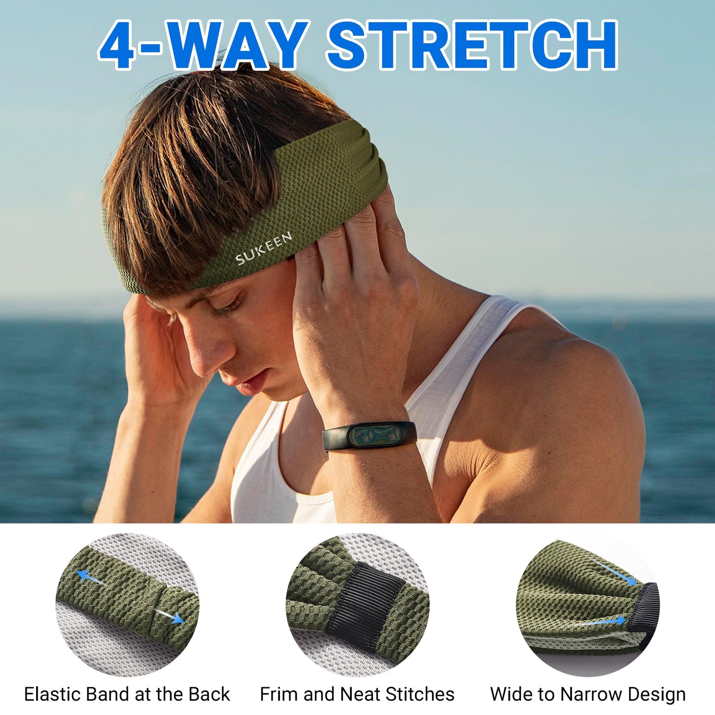 Sukeen Workout Headbands for Men, Sweat Bands Sweatbands Headbands for Women, Moisture Wicking Sports Headbands, Non Slip Stretch Cooling Headband for Running, Gym, Yoga, Black, Dark Gray, Dark Green