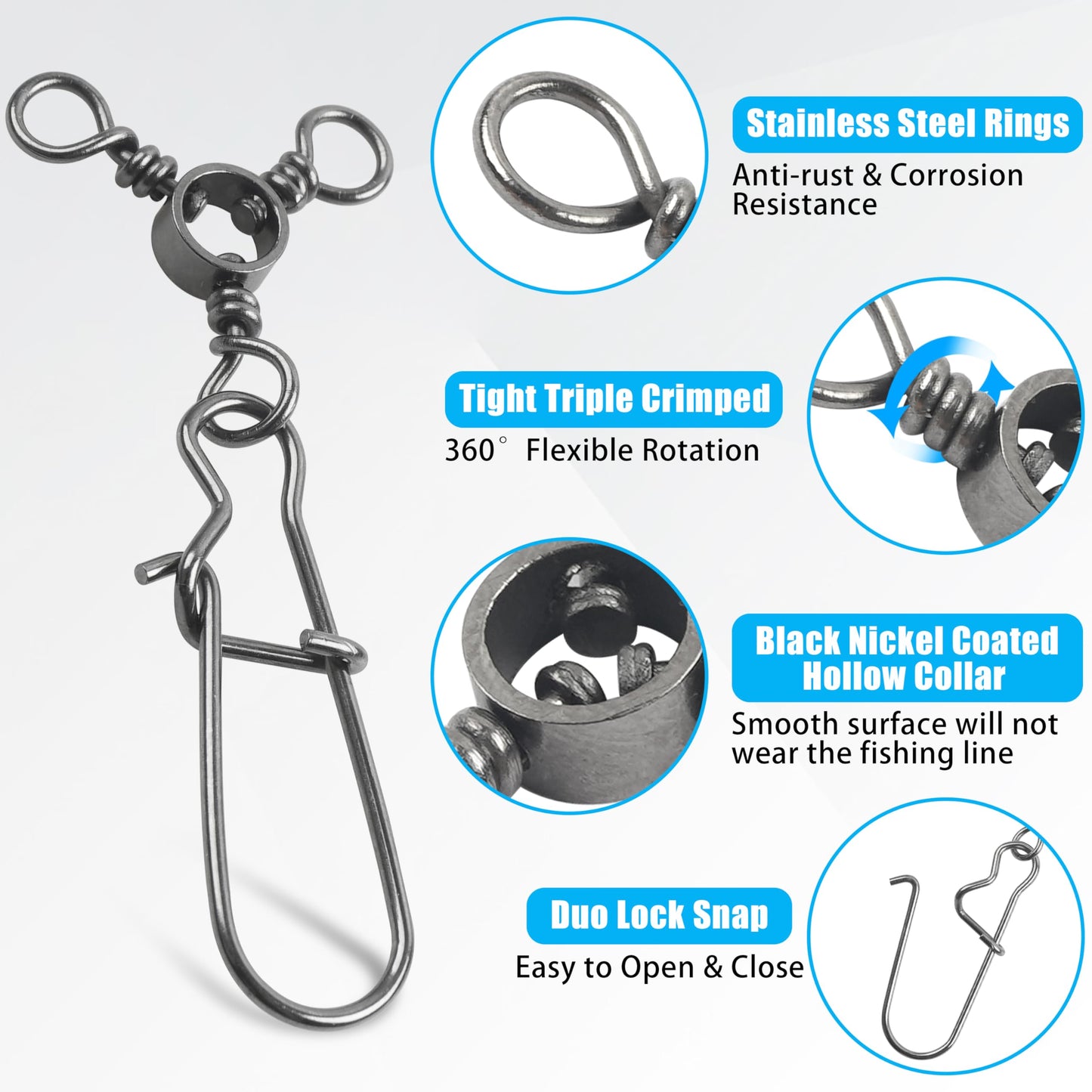 JSHANMEI Fishing 3 Way Swivel Snaps High-Strength Cross Line Duo Lock Snap Swivels T-Turn Fishing Lure Connectors Saltwater Tackle Accessories for Trolling Catfish (4# - 30PCS)